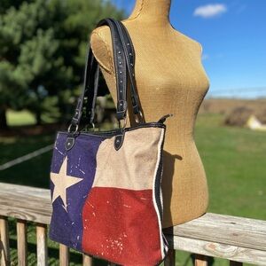 Montana West USA Texas  Flag Canvas Large Tote Bag Red White Blue with Black